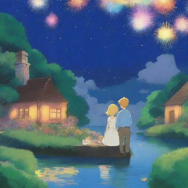 Create a romantic scene in the style of Studio Ghibli, featuring a blond woman and a brown-haired man cuddling under a night sky filled with colorful fireworks