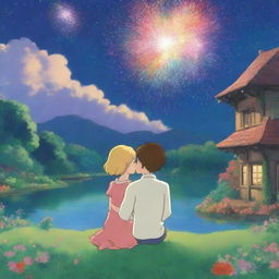 Create a romantic scene in the style of Studio Ghibli, featuring a blond woman and a brown-haired man cuddling under a night sky filled with colorful fireworks