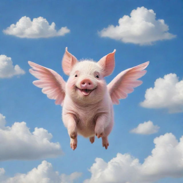 A delightful whimsical scene of a chubby piglet with feathered wings joyfully soaring through a sky dotted with soft, fluffy clouds.