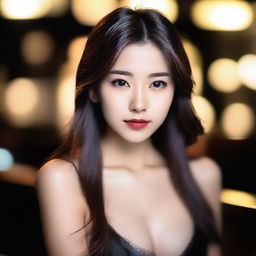 A beautiful Japanese woman, 20 years old, with a stunning face, brown eyes, small nose, and fine lips