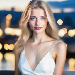 A beautiful French woman, 20 years old, with a stunning face, blue eyes, medium nose, and beautiful lips