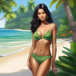 A sultry and attractive portrayal of Nim on Nim's Island, showcasing a tropical and exotic setting with lush greenery and a serene beach