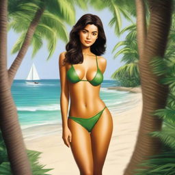 A sultry and attractive portrayal of Nim on Nim's Island, showcasing a tropical and exotic setting with lush greenery and a serene beach