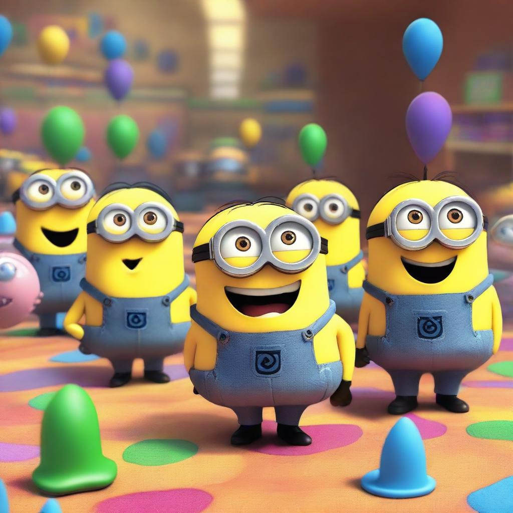 A group of Minions have been teleported into the colorful and whimsical headquarters from the movie Inside Out