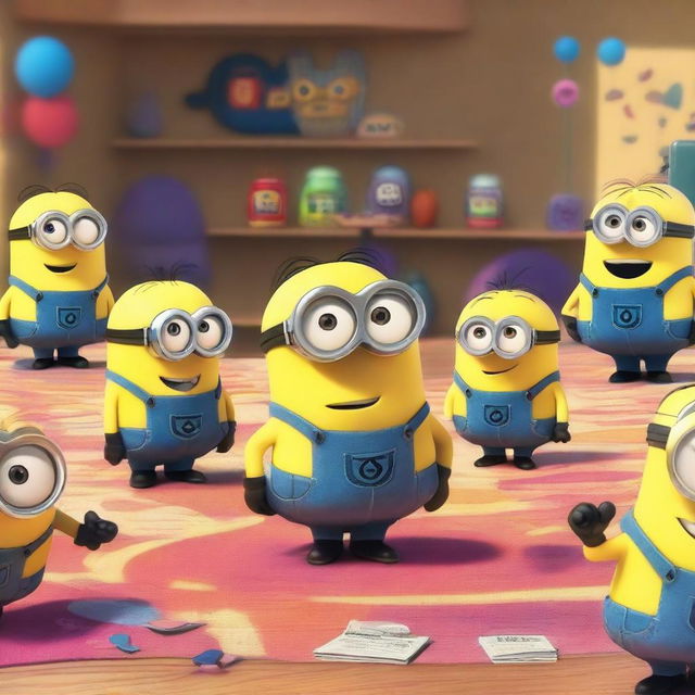 A group of Minions have been teleported into the colorful and whimsical headquarters from the movie Inside Out