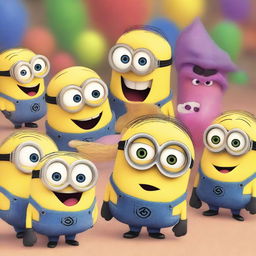 Create an image featuring characters from Disney and Pixar's Inside Out and Minions