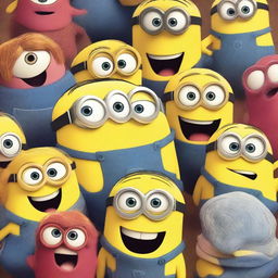 Create an image featuring characters from Disney and Pixar's Inside Out and Minions