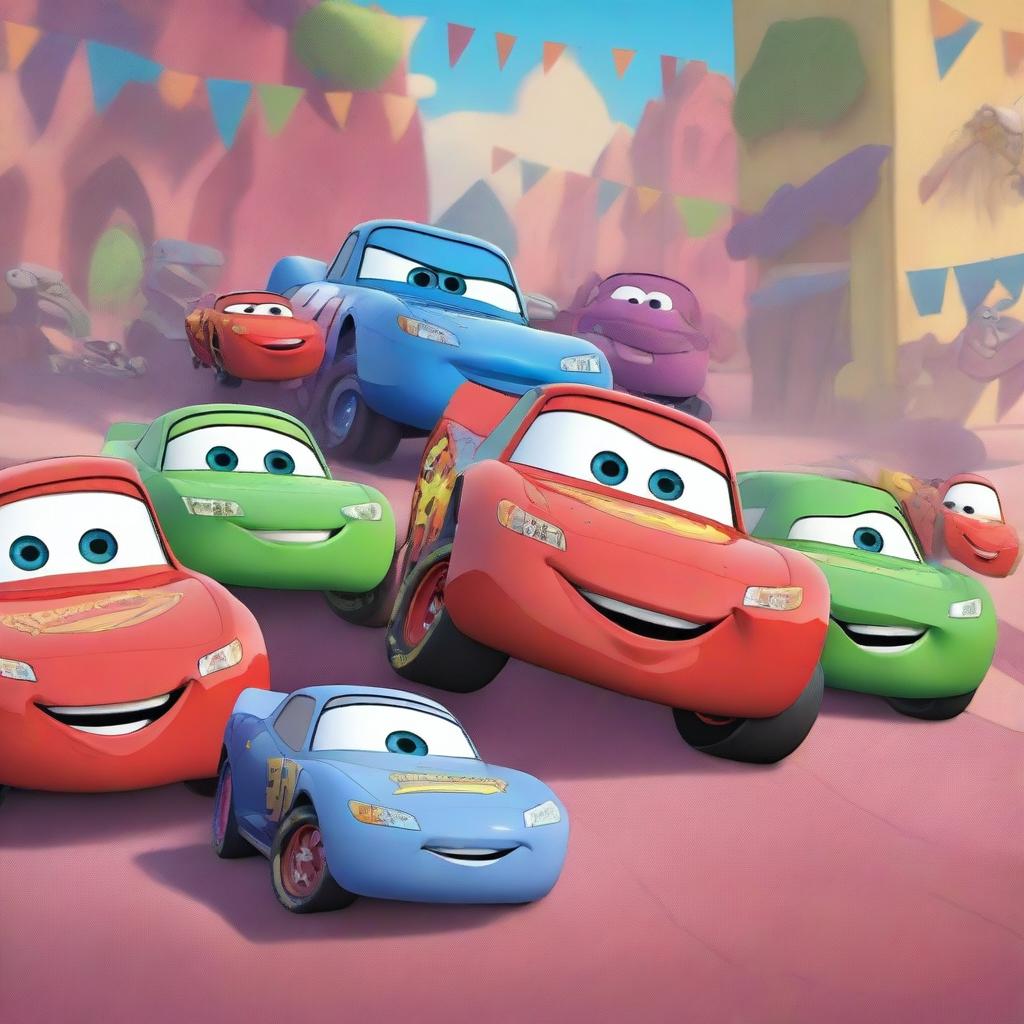 Lightning McQueen and the Inside Out characters Joy, Anger, Sadness, Fear, and Disgust are about to ride together