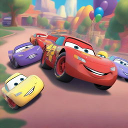 Lightning McQueen and the Inside Out characters Joy, Anger, Sadness, Fear, and Disgust are about to ride together