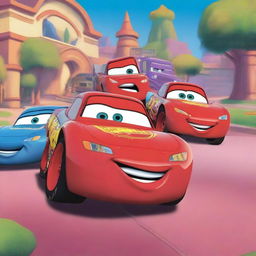 Lightning McQueen and the Inside Out characters Joy, Anger, Sadness, Fear, and Disgust are about to ride together