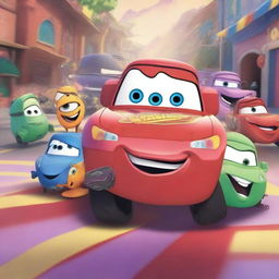 Lightning McQueen and the Inside Out characters Joy, Anger, Sadness, Fear, and Disgust are about to ride together