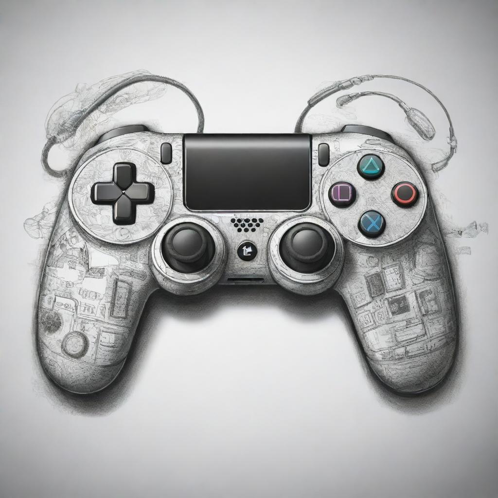 A unique, innovative, and stylish gaming controller design, accompanied by matching headphones, both sketched in a detailed, artistic way