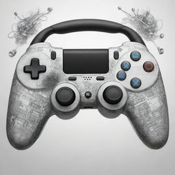 A unique, innovative, and stylish gaming controller design, accompanied by matching headphones, both sketched in a detailed, artistic way