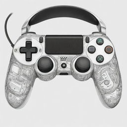 A unique, innovative, and stylish gaming controller design, accompanied by matching headphones, both sketched in a detailed, artistic way