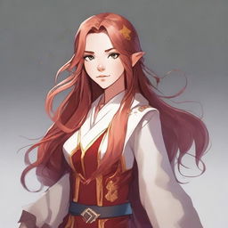 A young sorceress named Verkis, a 21-year-old human mage with long hair that is half red and half golden