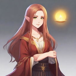 A young sorceress named Verkis, a 21-year-old human mage with long hair that is half red and half golden