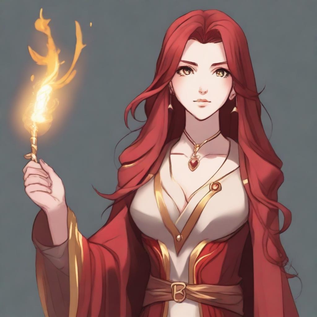 A young sorceress named Verkis, a 21-year-old human mage with long hair that is half red and half golden