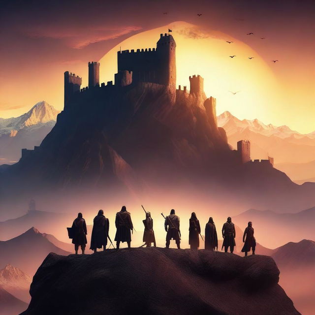 Create a movie poster featuring an epic adventure scene with a diverse group of heroes standing against a dramatic backdrop