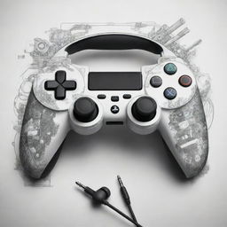 A unique, innovative, and stylish gaming controller design, accompanied by matching headphones, both sketched in a detailed, artistic way