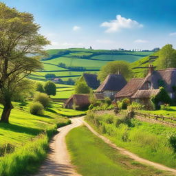A picturesque scene of a small town in the countryside, with charming cottages, lush green fields, and a clear blue sky