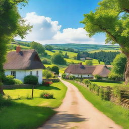 A picturesque scene of a small town in the countryside, with charming cottages, lush green fields, and a clear blue sky