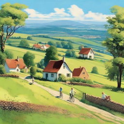 A picturesque scene of a small town in the countryside, with charming cottages, lush green fields, and a clear blue sky