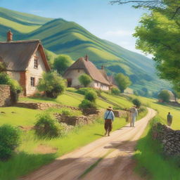 A picturesque scene of a small town in the countryside, with charming cottages, lush green fields, and a clear blue sky