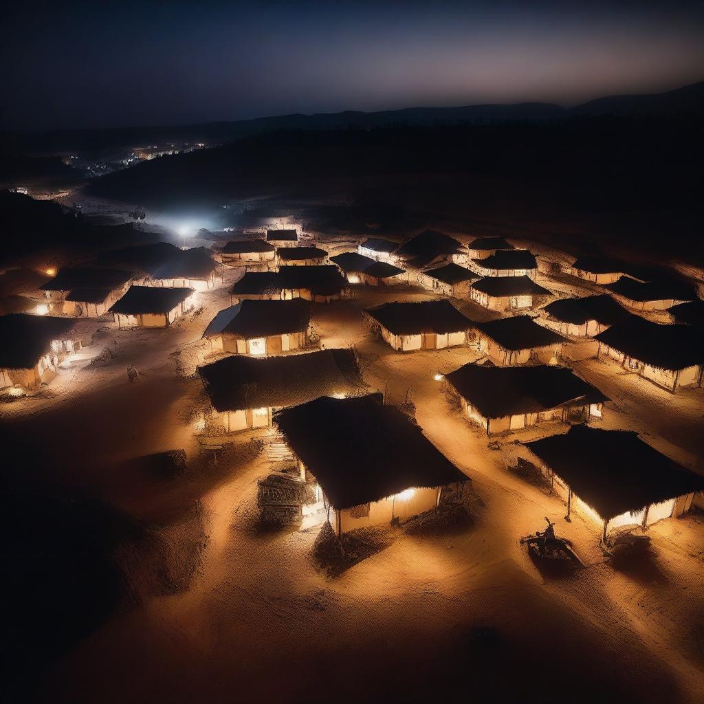 A nighttime aerial shot of an Indian village with dry ground