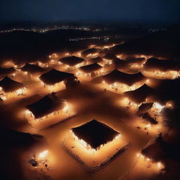 A nighttime aerial shot of an Indian village with dry ground