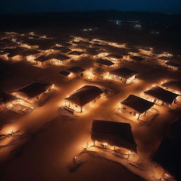 A nighttime aerial shot of an Indian village with dry ground