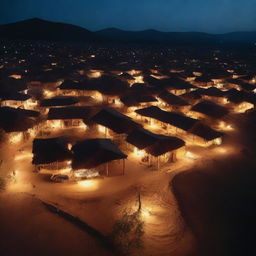 A nighttime aerial shot of an Indian village with dry ground