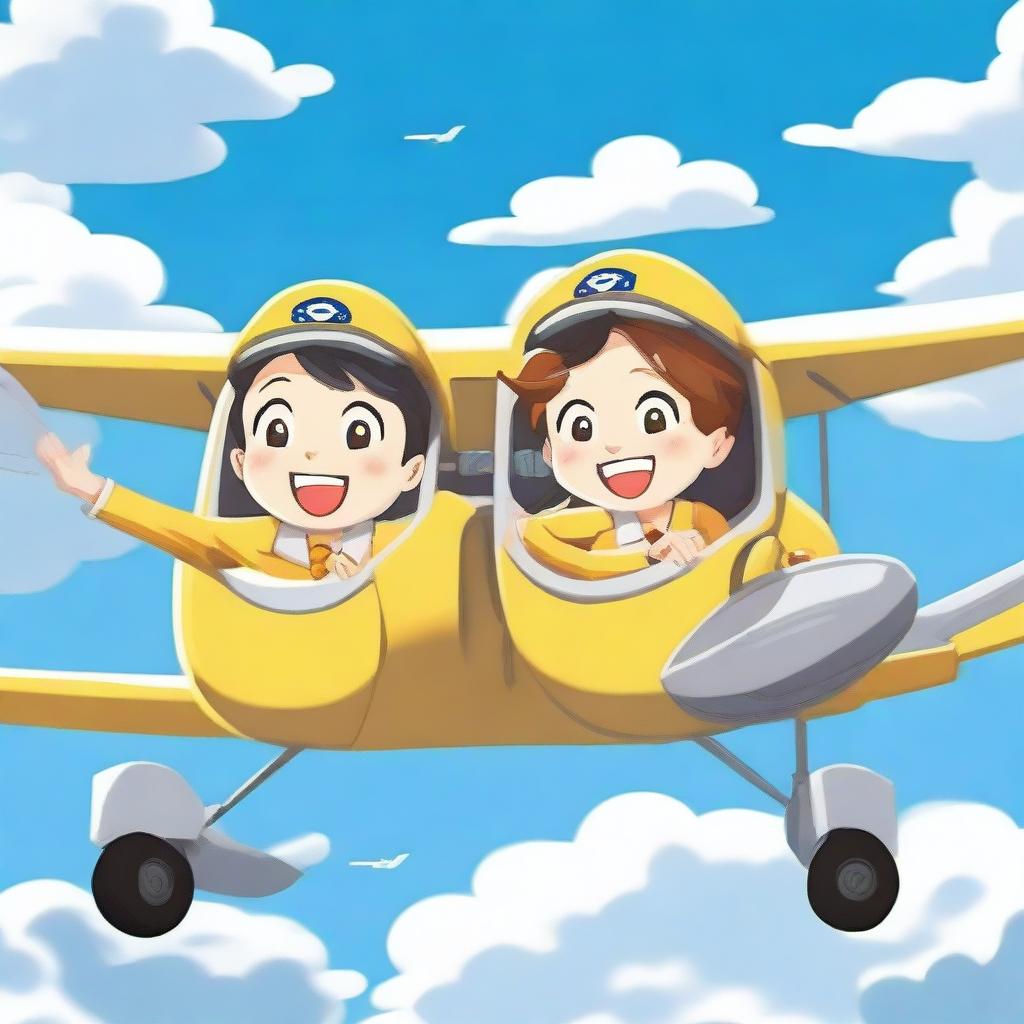 Two passengers sticking their heads out of an airplane, both wearing yellow and white uniforms