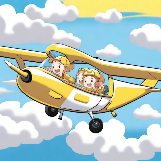 Two passengers sticking their heads out of an airplane, both wearing yellow and white uniforms