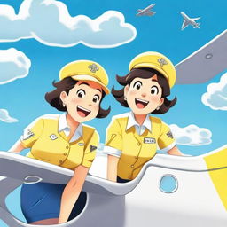 Two passengers sticking their heads out of an airplane, both wearing yellow and white uniforms