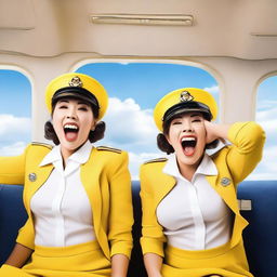 Two passengers sticking their heads out of an airplane, both wearing yellow and white uniforms