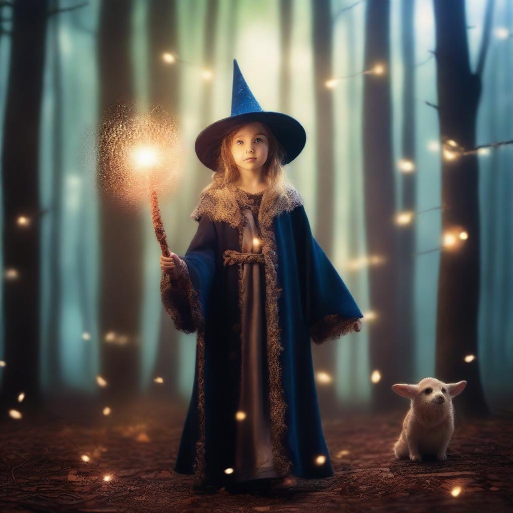 A young girl dressed as a wizard, wearing a long robe and a pointed hat, holding a magical staff