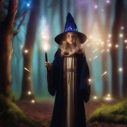 A young girl dressed as a wizard, wearing a long robe and a pointed hat, holding a magical staff