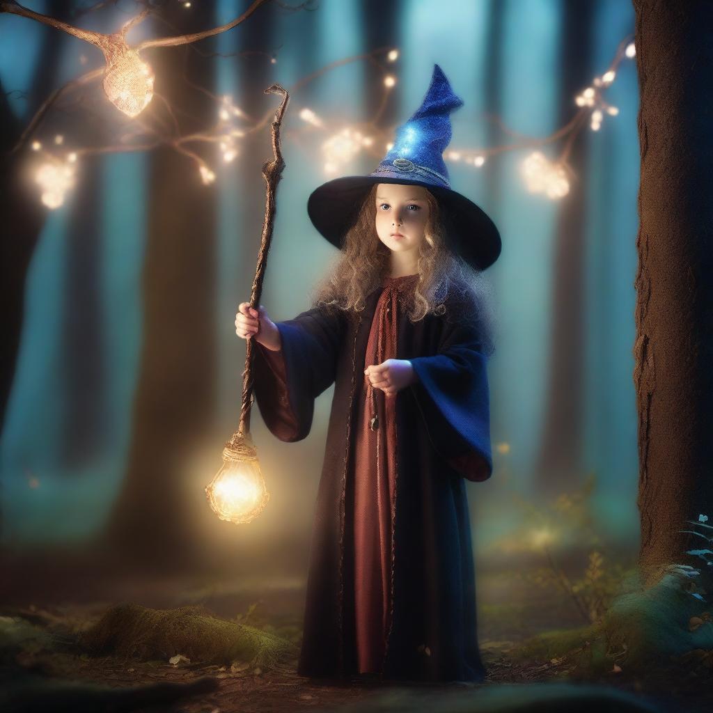 A young girl dressed as a wizard, wearing a long robe and a pointed hat, holding a magical staff