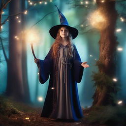 A young girl dressed as a wizard, wearing a long robe and a pointed hat, holding a magical staff