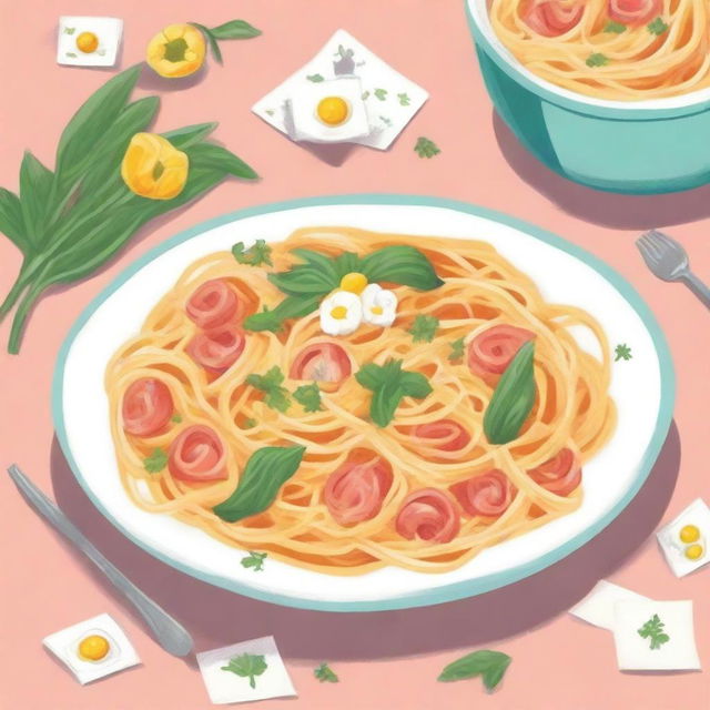 Create a novel cover featuring a plate of carbonara fettucine, a chamomile flower, and a questions card game