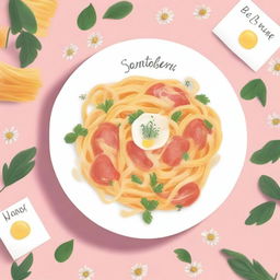 Create a novel cover featuring a plate of carbonara fettucine, a chamomile flower, and a questions card game