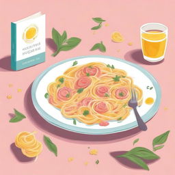 Create a novel cover featuring a plate of carbonara fettucine, a chamomile flower, and a questions card game