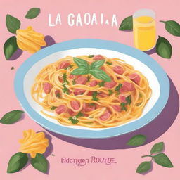 Create a novel cover featuring a plate of carbonara fettucine, a chamomile flower, and a questions card game