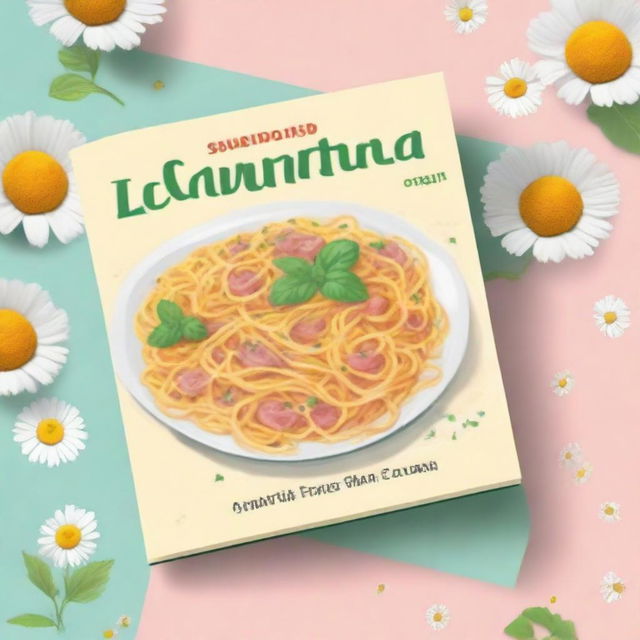 Create a novel cover featuring a plate of carbonara fettucine, a chamomile flower, and a questions card game