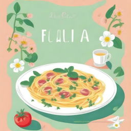 Create a novel cover featuring a plate of carbonara fettucine, a chamomile flower, and a questions card game