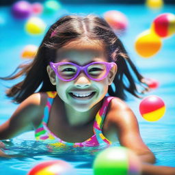 A young girl swimming in a pool on a bright sunny day