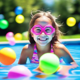 A young girl swimming in a pool on a bright sunny day