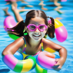 A young girl swimming in a pool on a bright sunny day