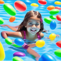 A young girl swimming in a pool on a bright sunny day