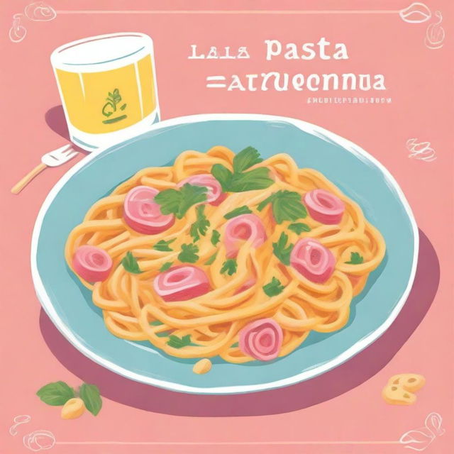 Create a novel cover featuring a plate of carbonara fettucine, a chamomile flower, and a questions card game